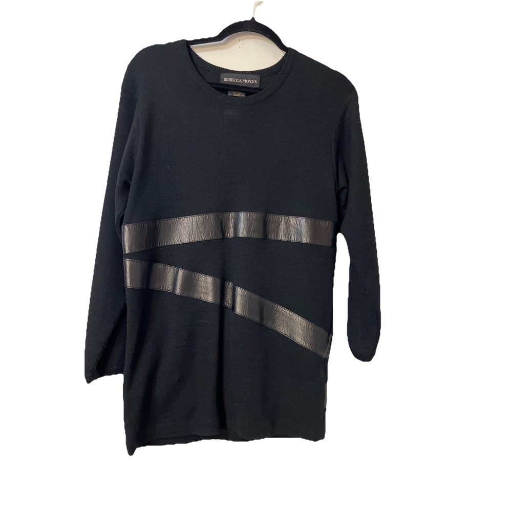 Rebecca Moses S Black Long Sleeve Crew Neck Pullover Wool Leather Knit Sweater